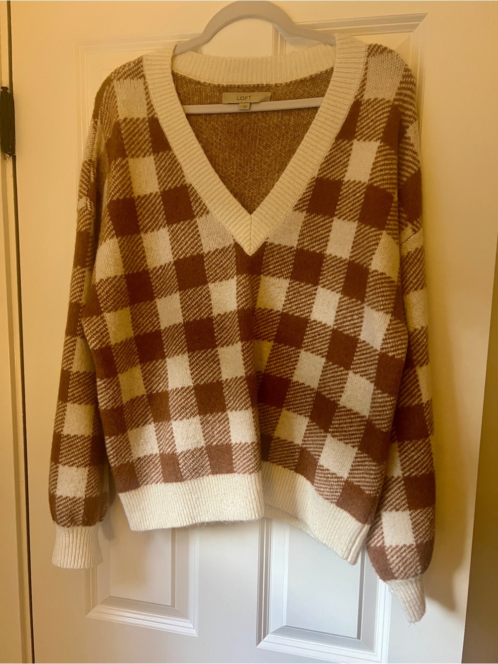 LOFT Brown and Cream Check V-Neck Sweater